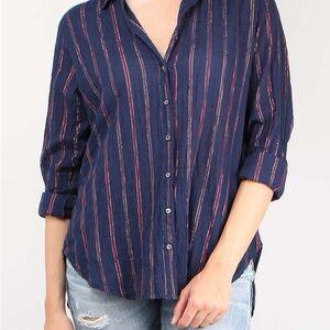 Xirena Top Size Xs Cotton Navy Multi-Colored Metallic Weave Ruffled Collar